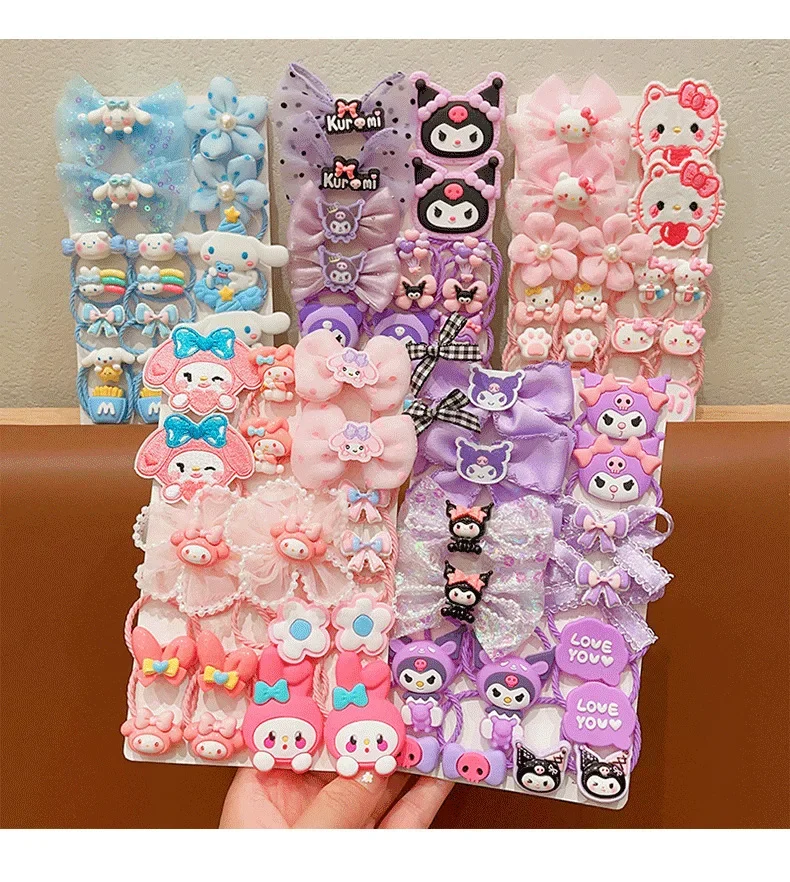 16Pcs Sanrio Kawaii Hello Kitty Stretch Bow Hair Tie for Kids Kulomi Double Ponytail Leather Band Hair Accessories Student Gift