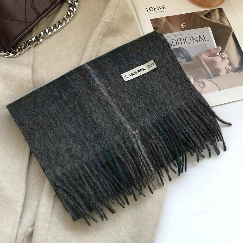 2023 New Long Plaid 100% WOOL Cashmere Women's Scarf Thickened Warm and Fashionable Couples' Neck Wrapped with Tassel Cold Cape