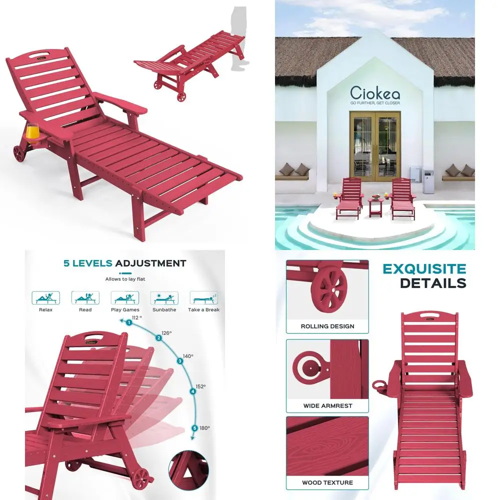 Outdoor Oversized Chaise Lounge Chair with 5 Adjustable Positions, HDPE Material, Patio Chair with Wheels and Cup Holder for Poo