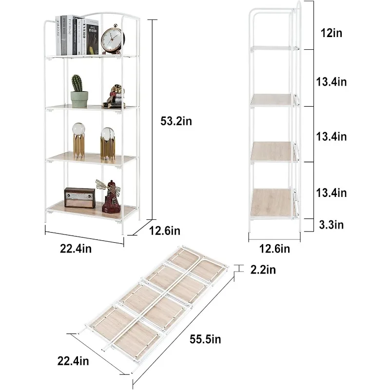 BEZPŁATNY STATEK. Bez montażu Składany regał do salonu, 4-poziomowa biała składana półka na książki do domowego biura, przenośna książka