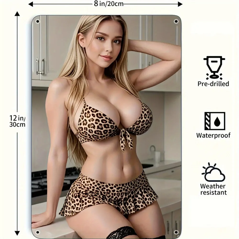 Metal Tin Sign Blonde Woman In Leopard Print Lingerie Kitchen Background Wall Decor For Home Bar Bedroom