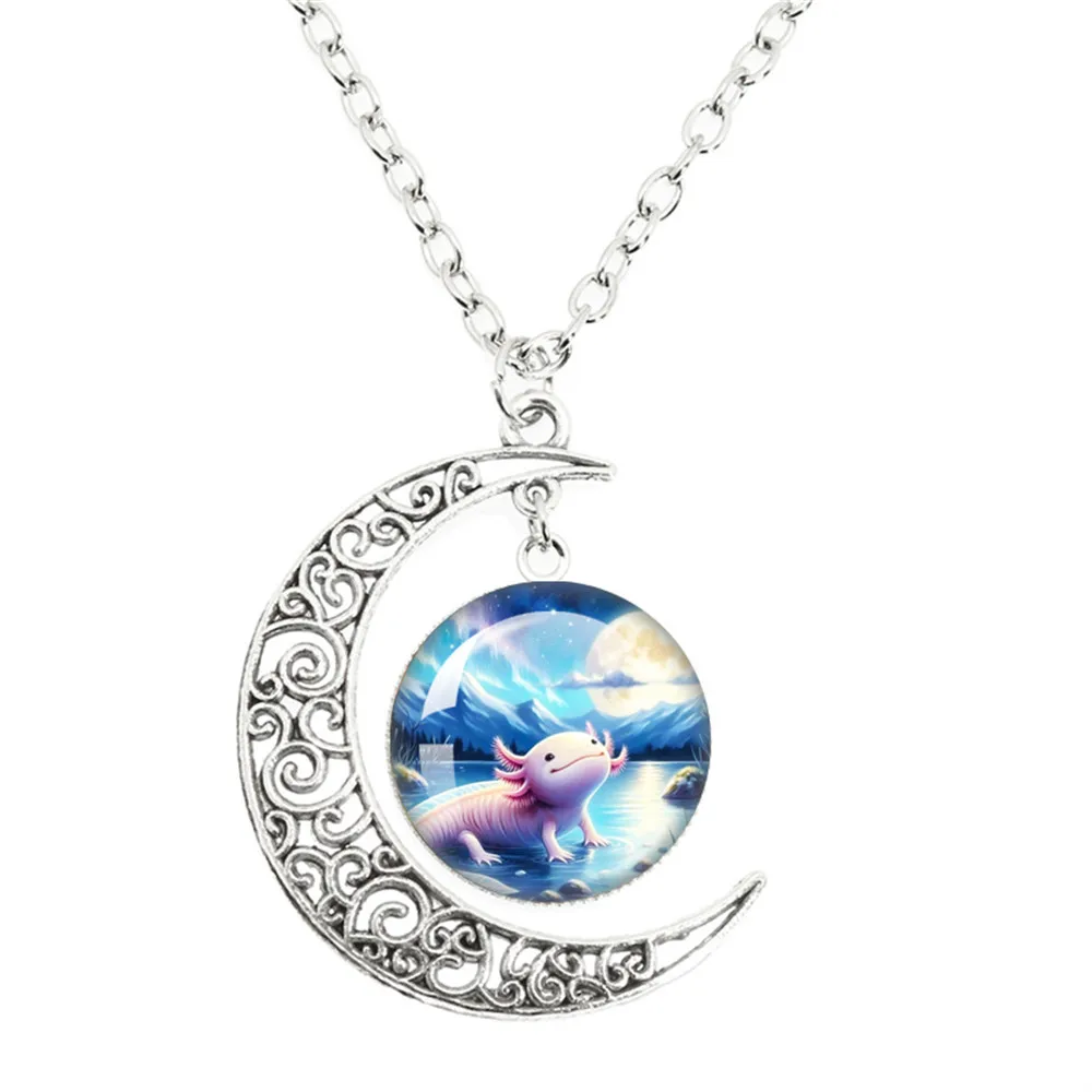 Axolotl Cartoon Necklace Axolotl Glass Dome Cabochon Pendant Fashion The Moon Necklace Charms Jewelry Best Gift