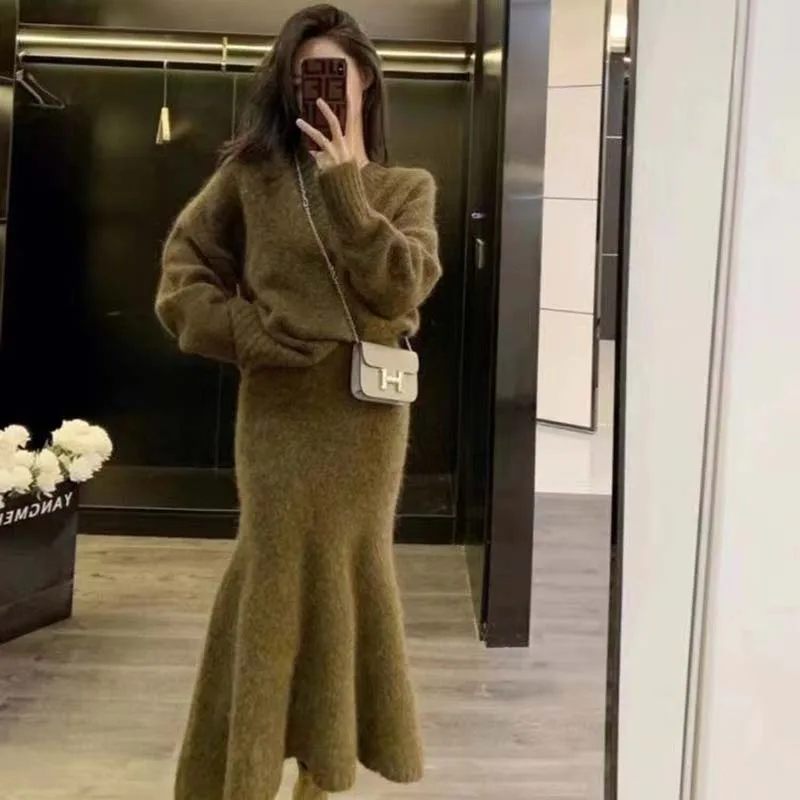 

Вязаный свитер, юбки, комплект из 2 предметов для женщин, зимний винтажный свободный теплый пуловер с v-образным вырезом, корейский корейский комплект миди с высокой талией