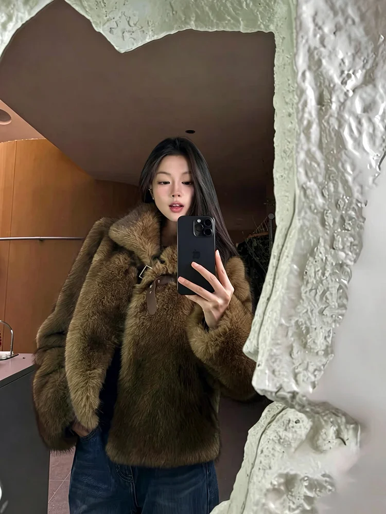 Women Winter Short Faux Fur Coat Vintage Brown Fluffy Plush Jacket With Buckle Collar Warm Outerwear