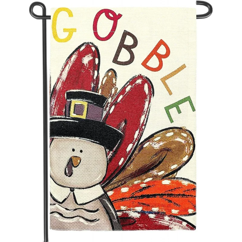 Cute Thanksgiving Turkey Garden Flag 12x18 Inch Double Sided Fall Turkey Gobble Yard Decorative Flag(A)