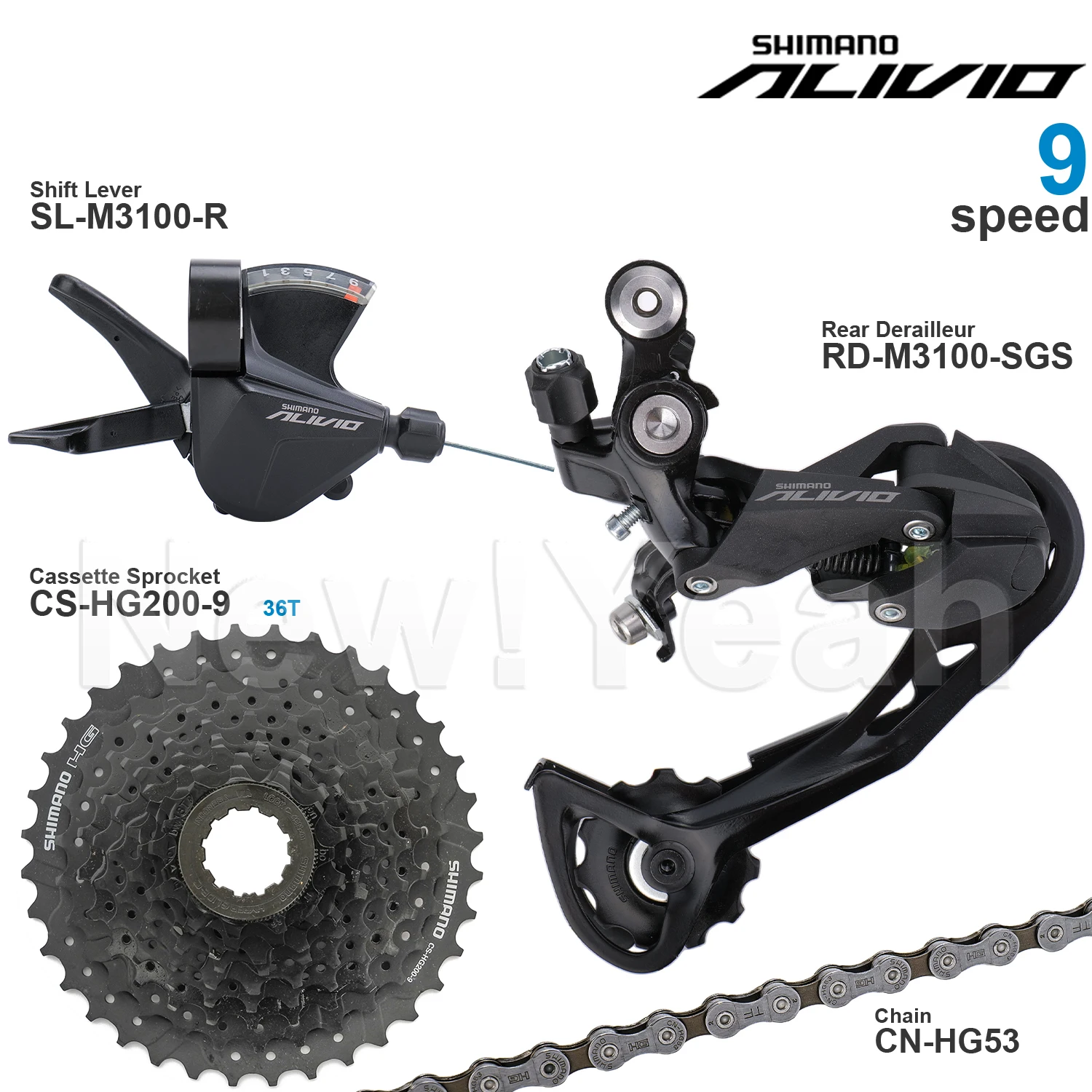 SHIMANO ALIVIO M3100 9 speed Groupset include SL-M3100 RD-M3100 CS-HG200-9 Cassette Sprocket 32/34/36T and CN-HG53 Chains Origin