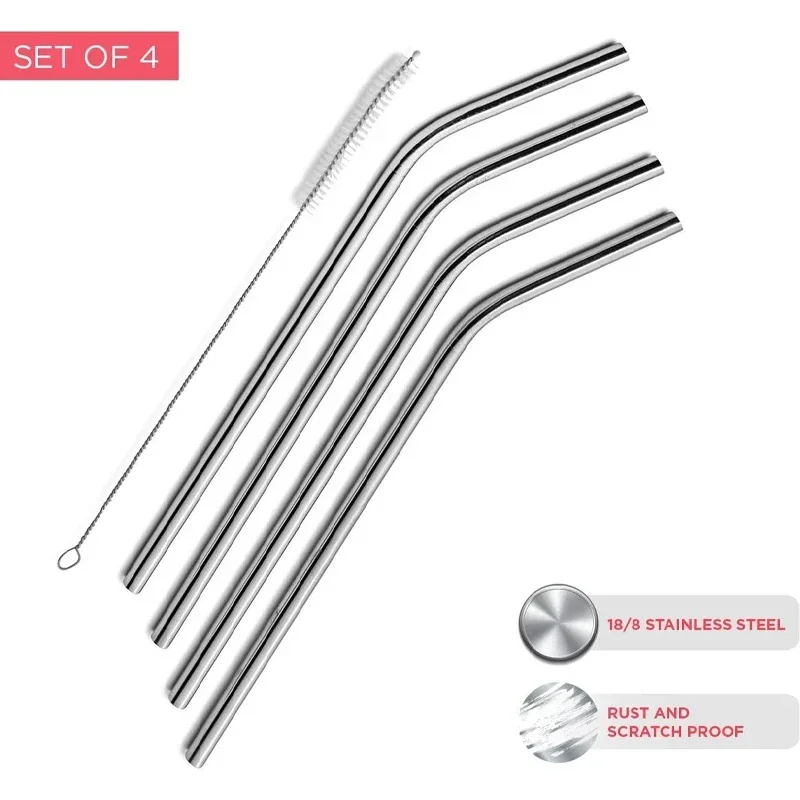 Stainless Steel Drinking Straws Set of 4, Curved metal Straws reusable for 20 0z Tumbler, Cleaning Brush Included