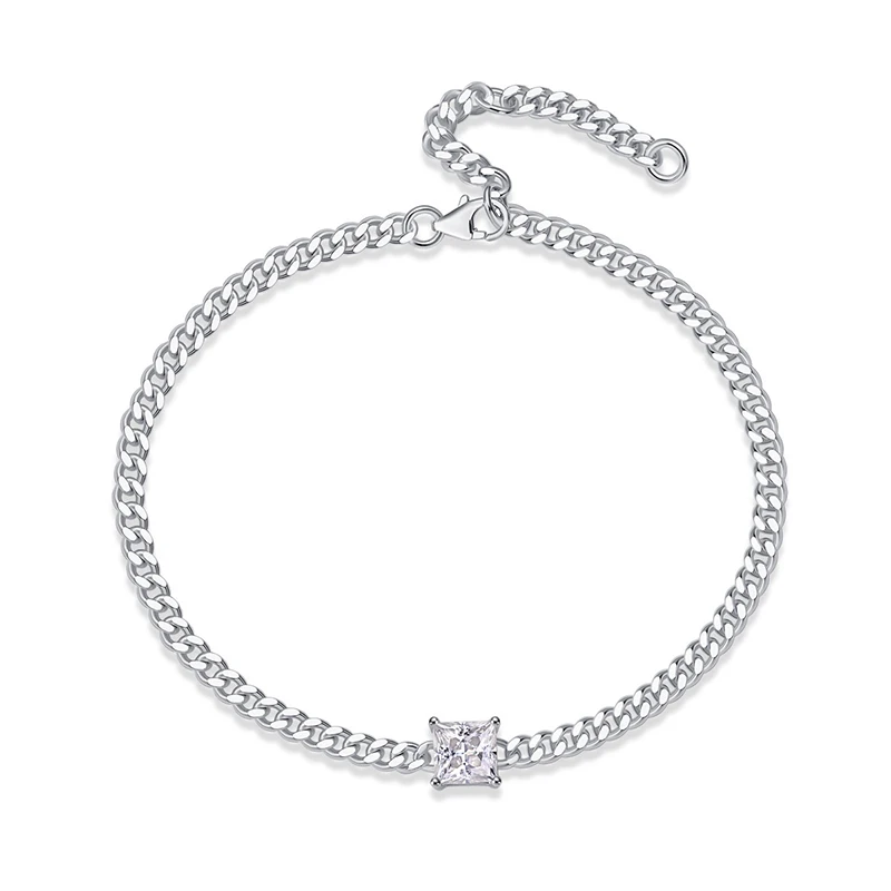 

1ct Princess Cut Moissanite Cuban Link Bracelet for Girls 925 Sterling Silver Iced Diamond Chain Bracelets Bangle Pass Tester