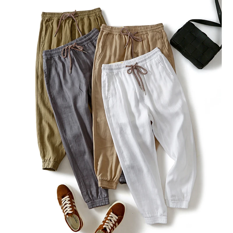 

Летние тонкие мужские повседневные брюки из хлопка и льна с эластичным поясом, свободного кроя, дышащие, прямые, длинные штаны