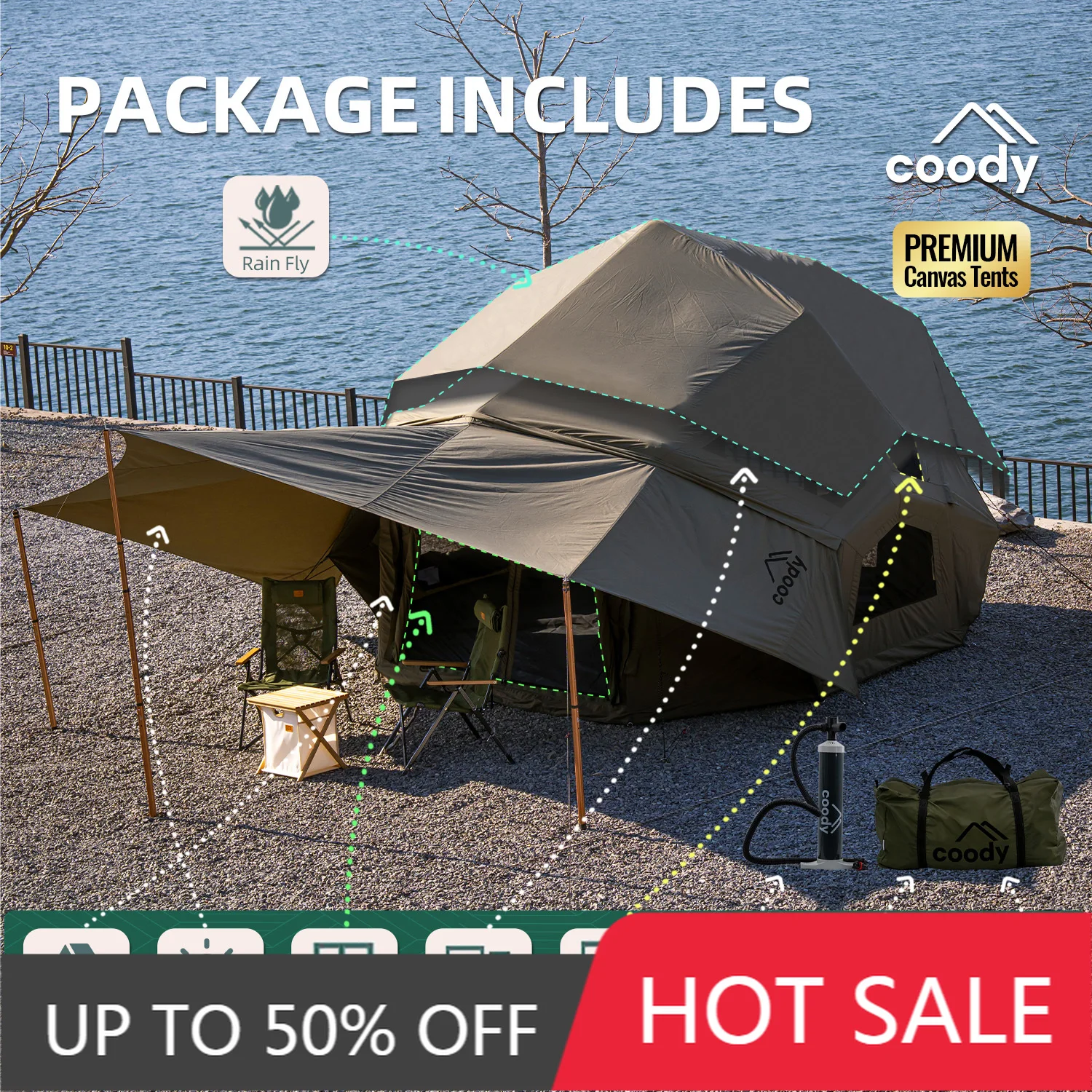 Coody Bestona Army Green Inflatable Tent 3-8 Person 4 Seasons Luxury Unique Family Outdoor Camping Air Tent
