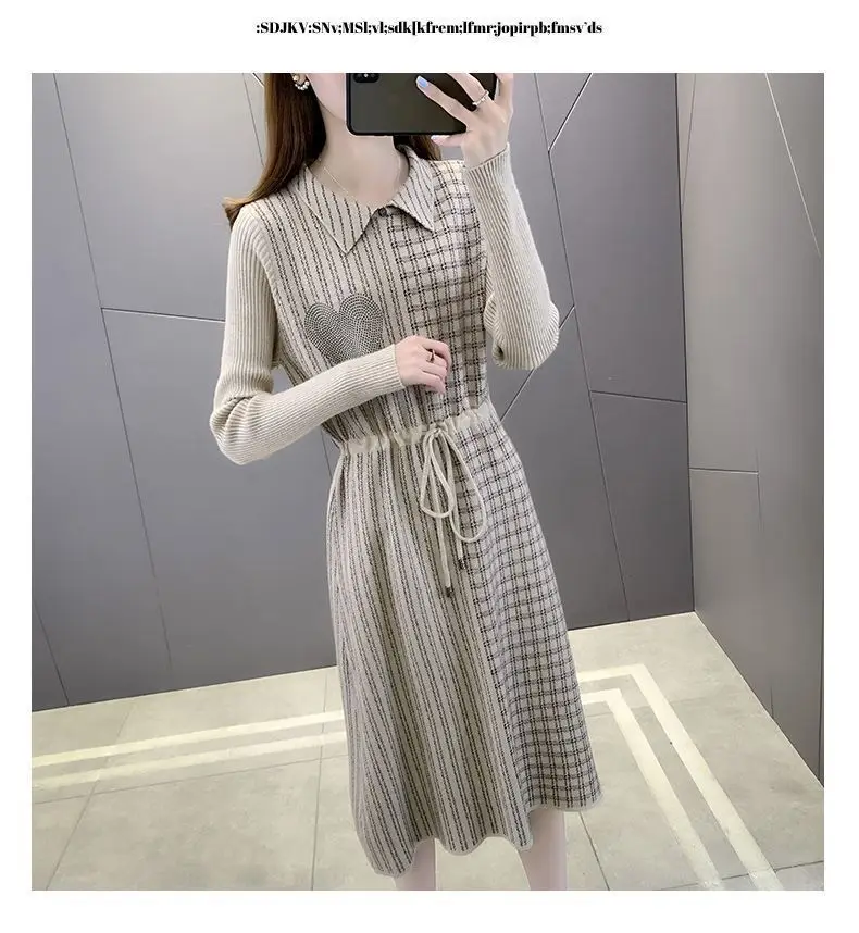 New Women\'s Mid to Long Knitted Dress with a Collar Stylish and Loose Fit Over the Knee Sweater as the Base Plus Size Sweater