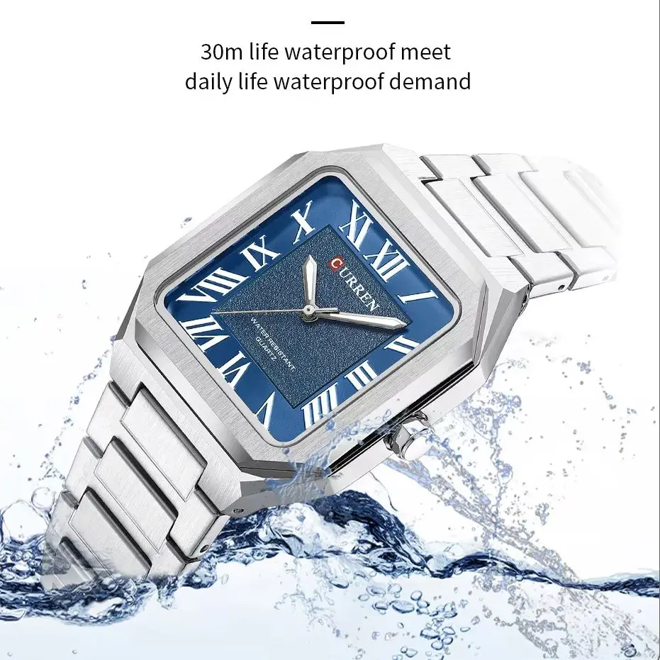 CURREN 8482 Men's Square Watch Quartz Stainless Steel Band with Roman Numerals Luminous Hands Casual Business Wrist watch