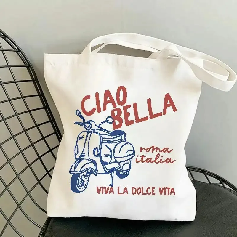 1pc Ciao Bella Rome Italy Vintage Tote Bag Suitable for Women - Italian-Themed Travel Bag with Ciao Bella Lettering & Scooter De
