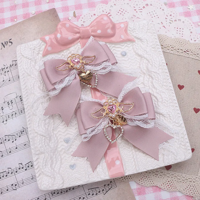 Handmade Japanese Style Sweet Wings Rhinestone Love Pendant Lace Barrettes Cute Girls A Pair of Hairclips Side Clip for Women