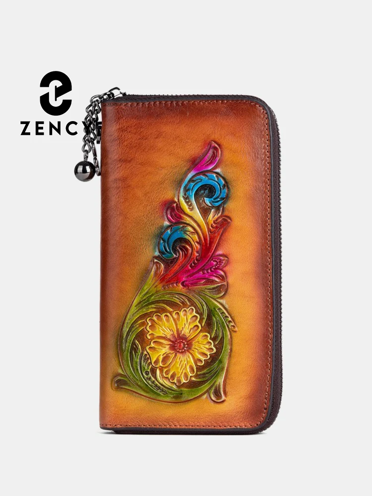 Zency Vintage Women's Wallet Genuine Leather Large Capacity Coin Purse Card Holders High Quality Long Wallet Phone Zip Pocket