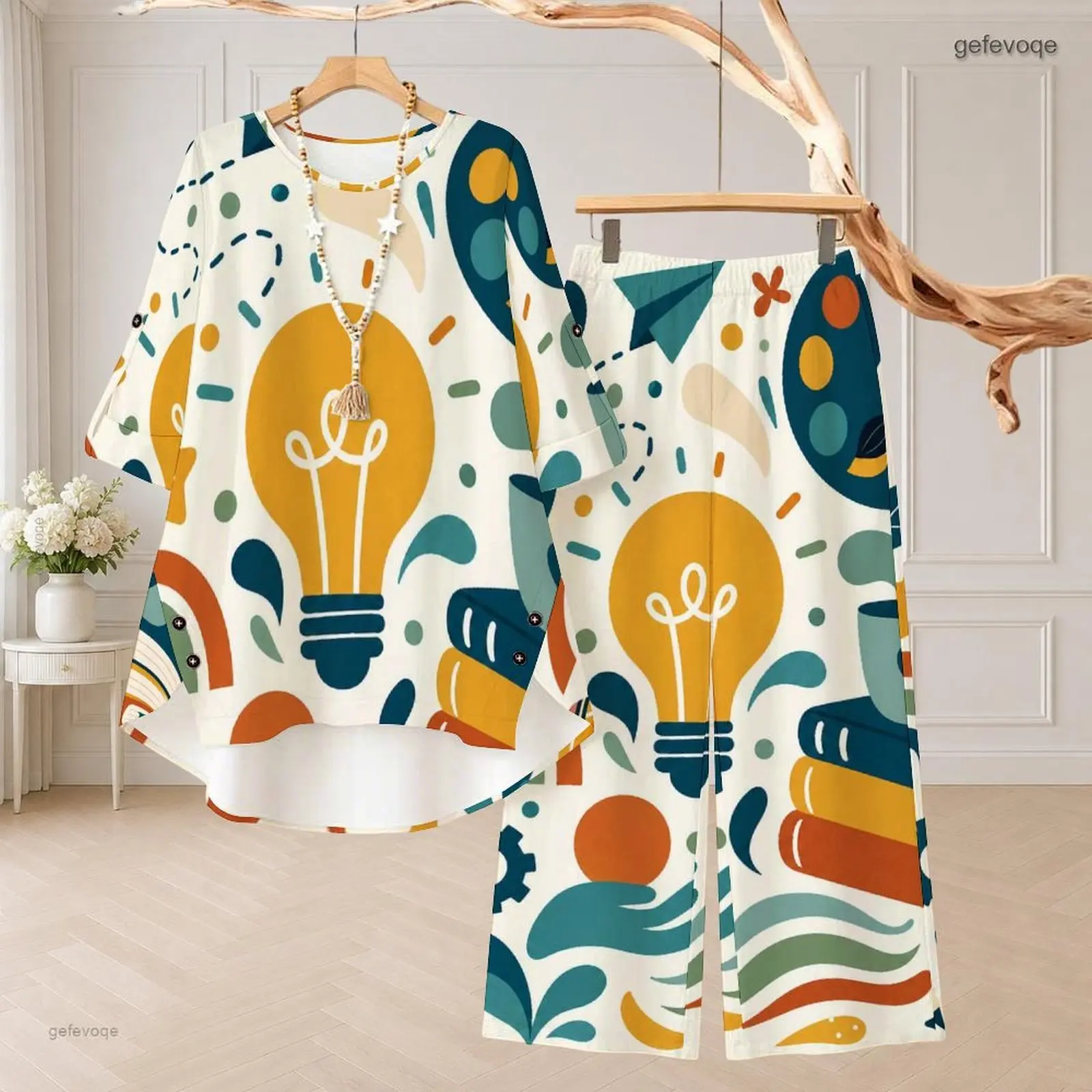 Women Round Neck 3/4 Sleeve Printed Abstract Doodle Top and Wide Leg Pants Two Piece Set