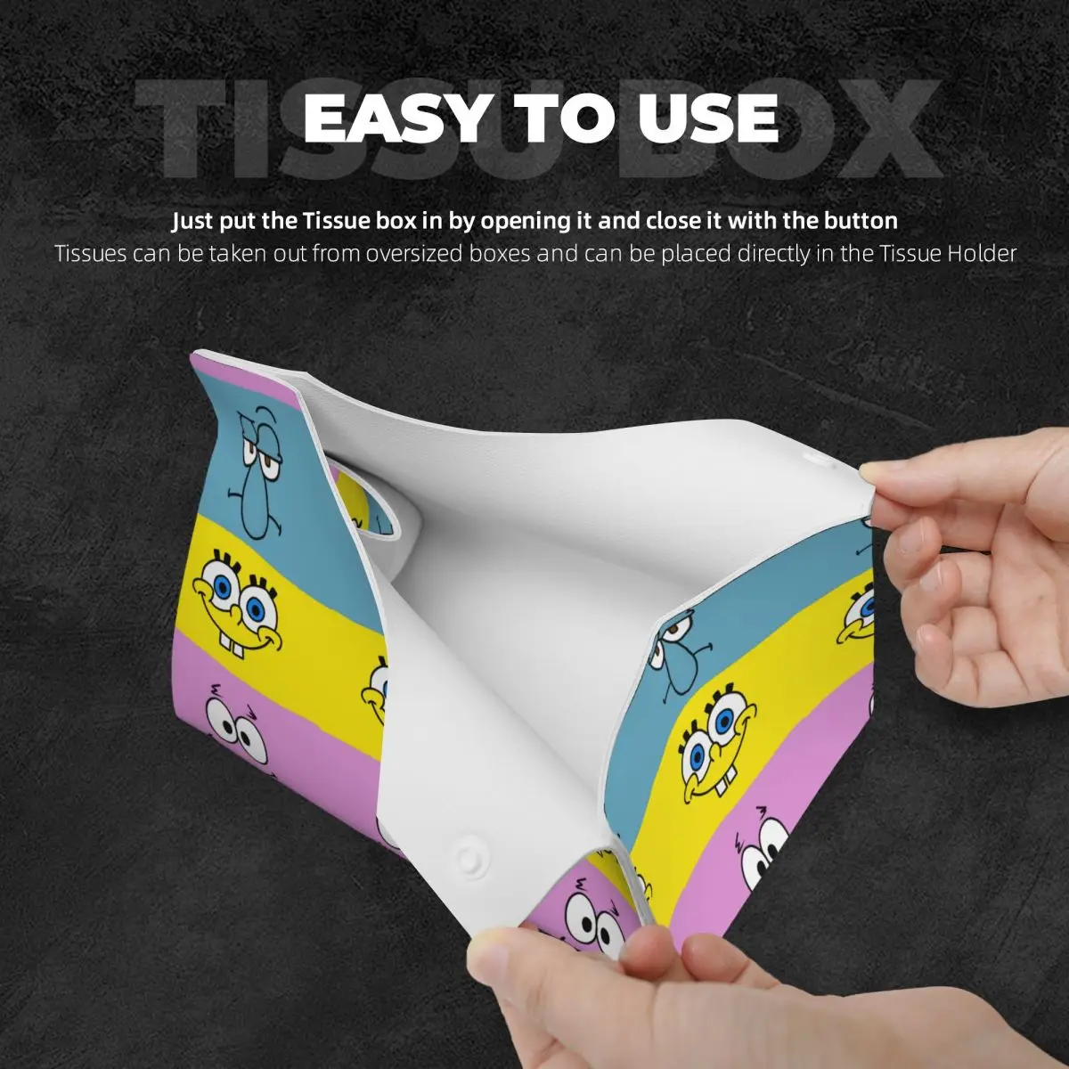 Custom SpongeBobed Tissue Box Cover for Bathroom Car Cute Cartoon Rectangular PU Leather Facial Tissue Box Holder