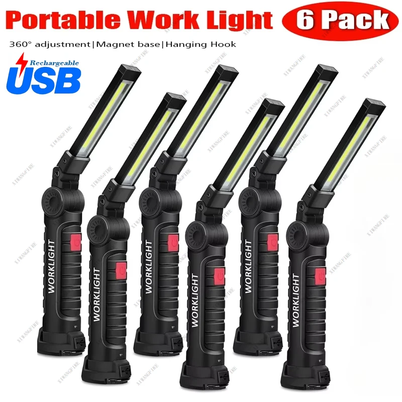 Portable COB LED Work Light USB Rechargeable LED Flashlight Inspection Lamp With Magnetic Hook Power Bank 18650 Battery Torch