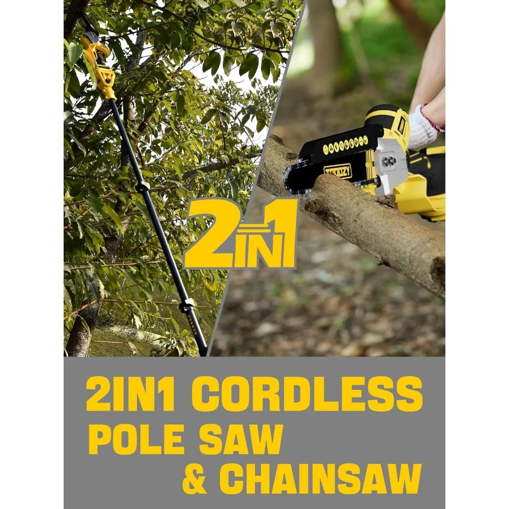 منشار عمود لاسلكي 8 بوصة، منشار كهربائي 2 في 1 مع بطارية 4.0 أمبير في الساعة، ماكينة تشذيب شجرة كهربائية وقاطع فرع مع عمود قابل للتمديد