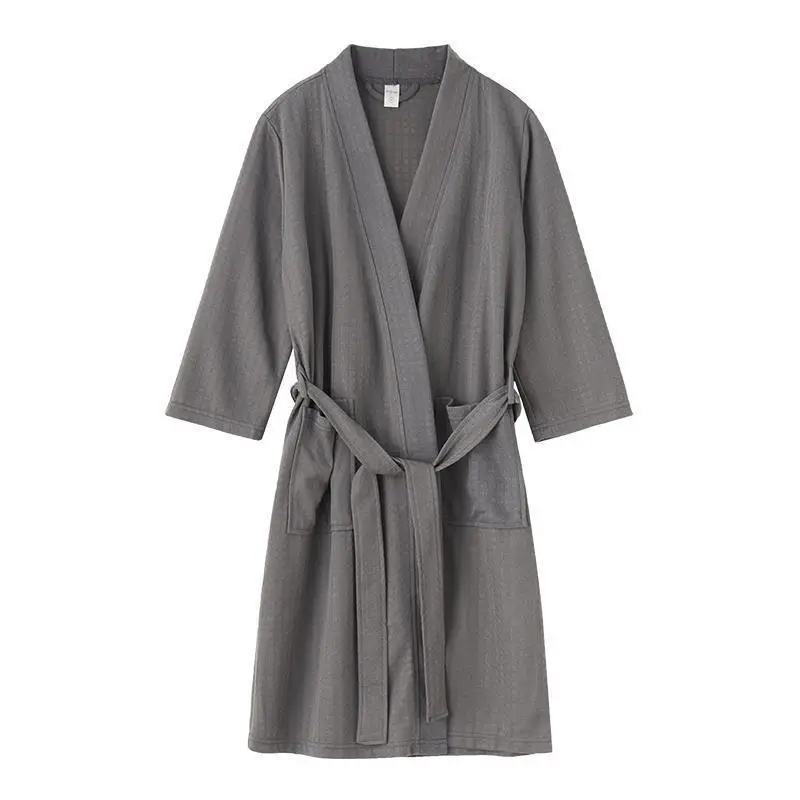 Unisex Adult Waffle Knit Bathrobe Soft Breathable Mid Length 3/4 Sleeve Kimono Collar Loungewear With Belt Pockets For Home Spa