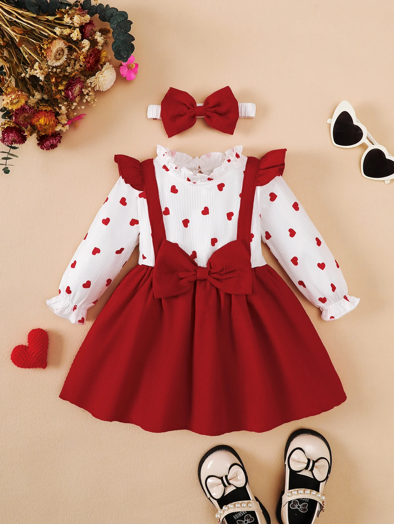 Spring and autumn baby girl Valentine's Day trendy cute heart-patterned dress with bow decoration and round neck + headband, baby girl dress suitable for home casual wear, outings, gatherings, and parties