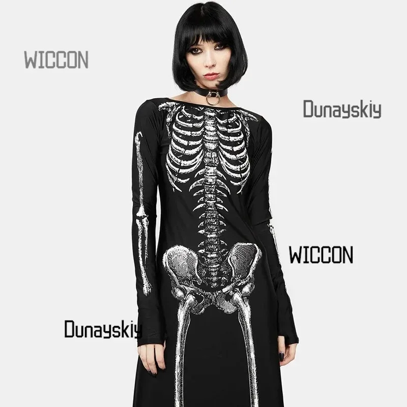 Gothic Y2K Maxi Dress - Halloween/Christmas/Easter/Oktoberfest Versatile Skull Print Dress