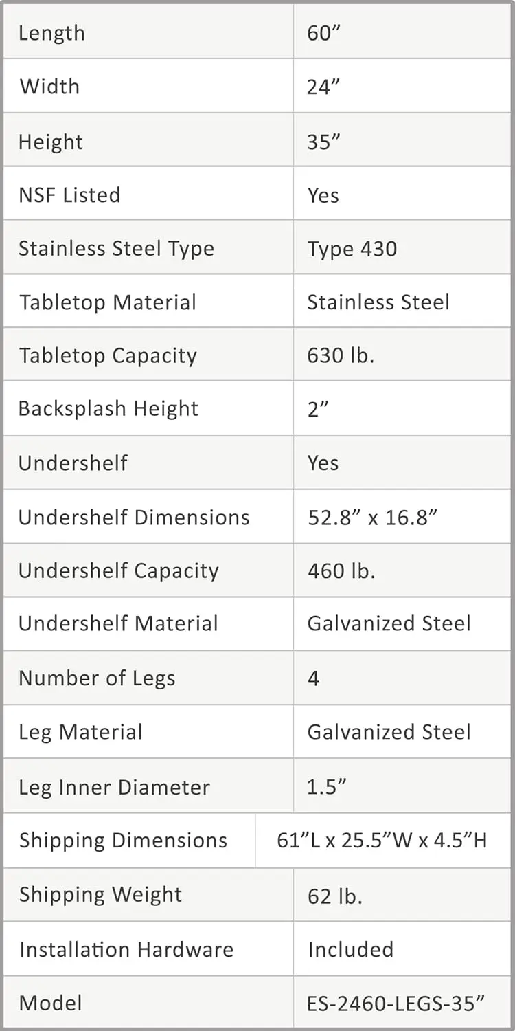 Table de travail commerciale avec dosseret et plaqués latéraux, NSF, table en acier inoxydable avec protections latérales, 60 po de long x 24 po de profondeur