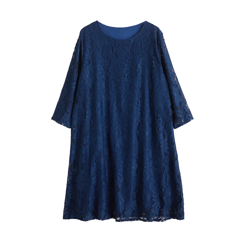 Vestido Azul de Aodón con Encaje, Cuello Redondo, Corte en A, Estilo Coreano, Talla ande, Nuevo Modelo, Cómodo para el Tr...