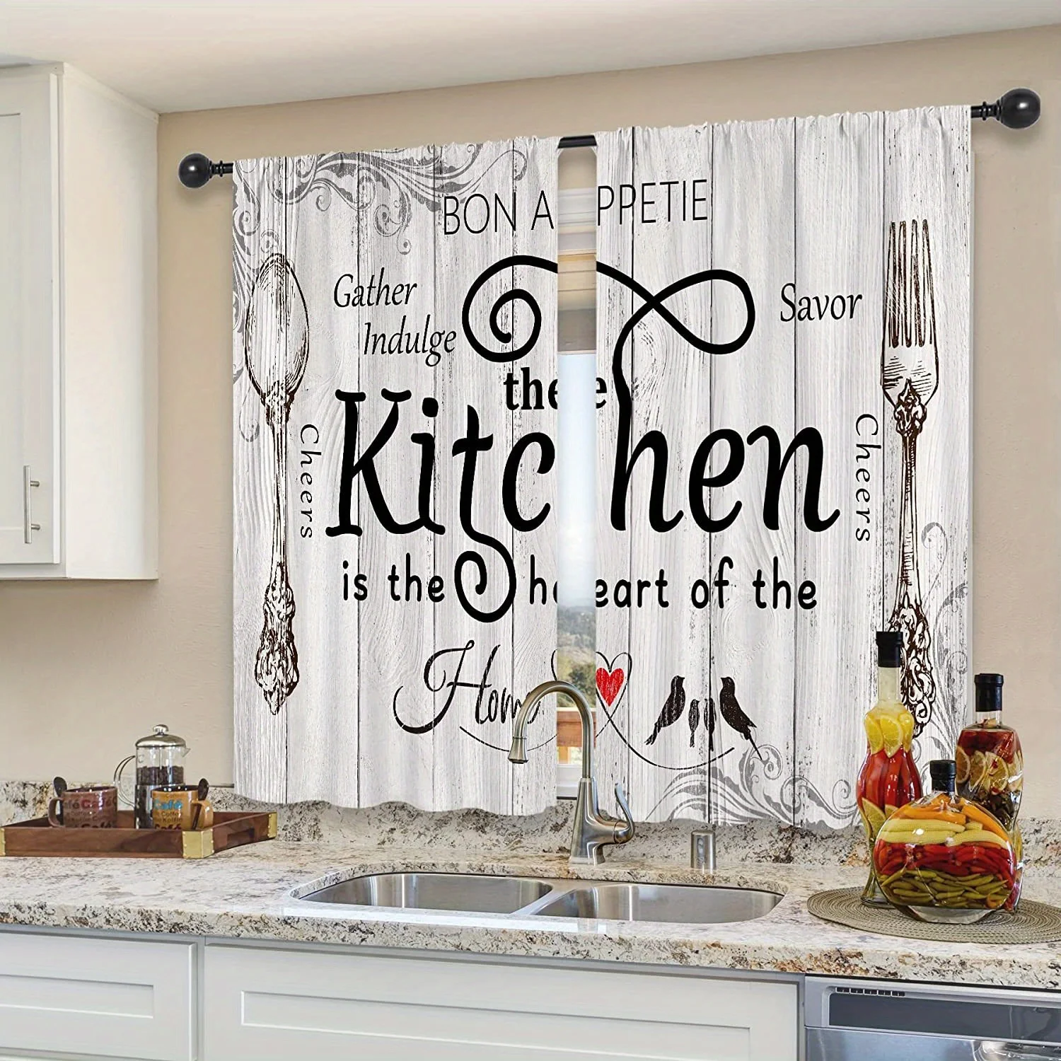 Farmhouse Kitchen Curtains Rustic Country Fork Knife Vintage Window Treatment For Kitchen Bedroom Cafe Living Room