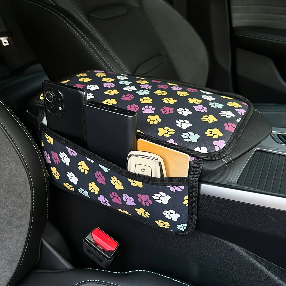 

Cute Footprint Car Armrest Box Storage Pad, PU Leather, with Side Storage Pockets, for Storing Phones and Keys