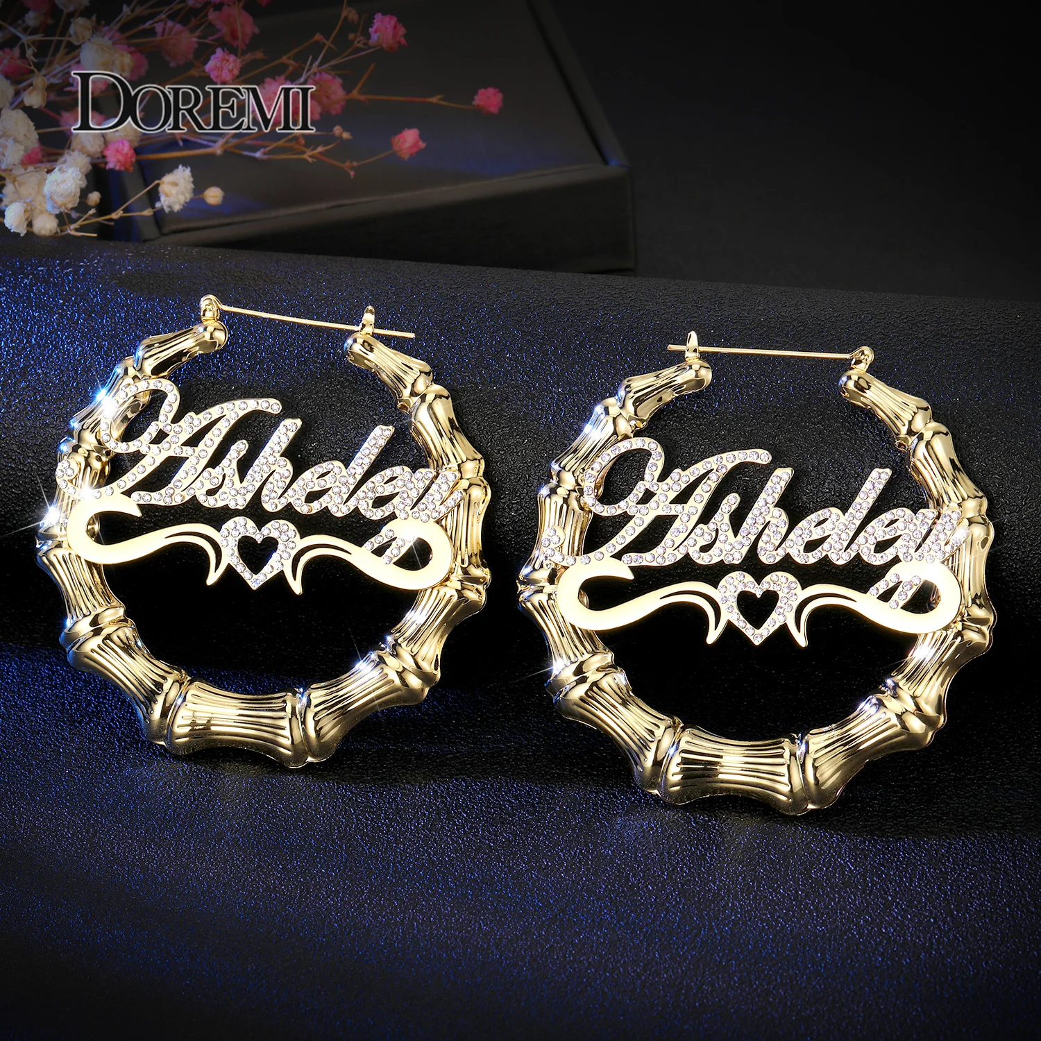 DOREMI Bling Heart Name Bamboo Earrings Custom Letter Hoops Bamboo Iced Out Names Big Hoop Personalised Name Earrings Women Gift