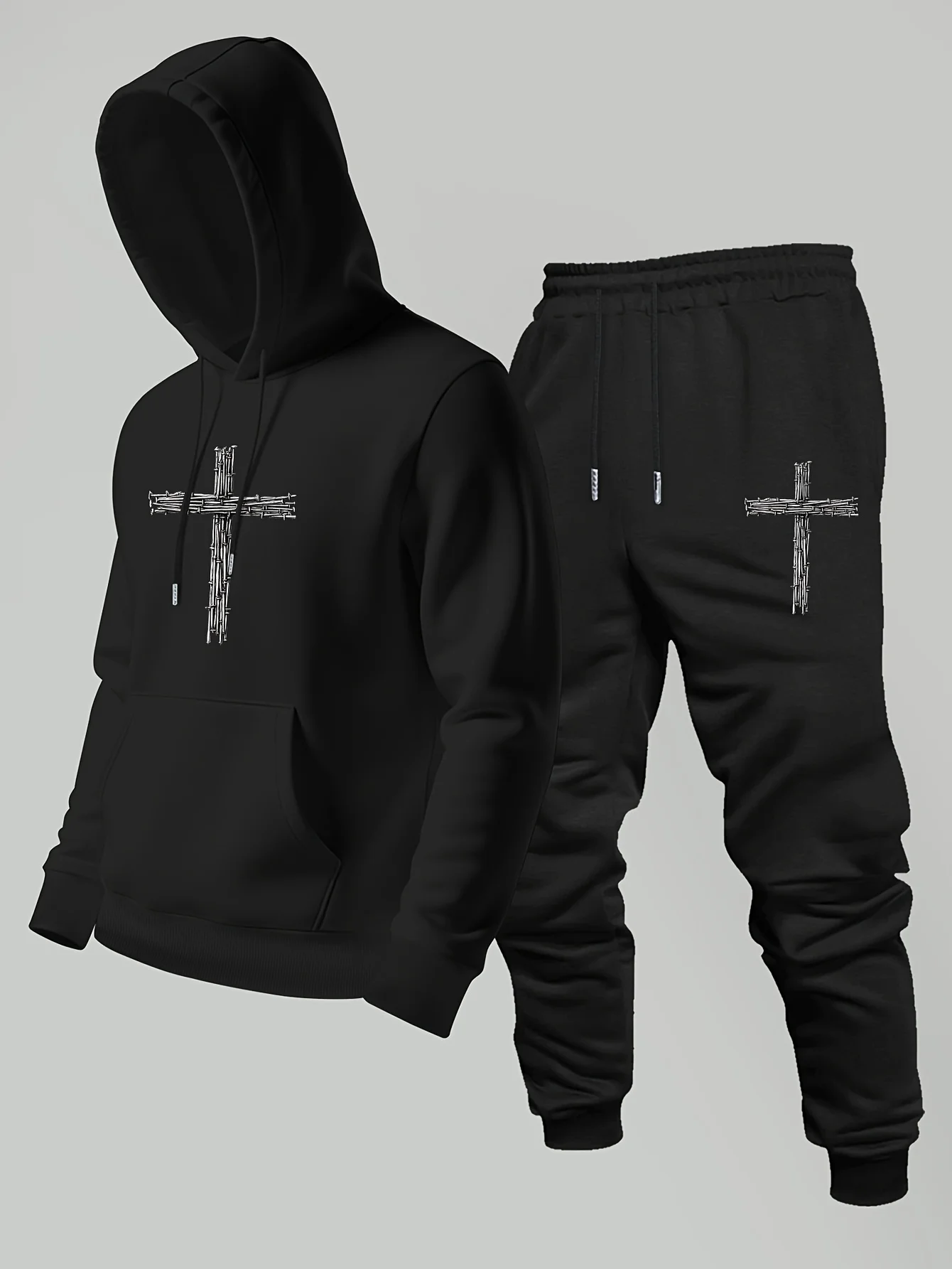 2026 Men Gothic Barbed Wire Cross Print Hoodie & Sweatpants Two Piece Set Oversized Streetwear Casual Tracksuit Sport Suit