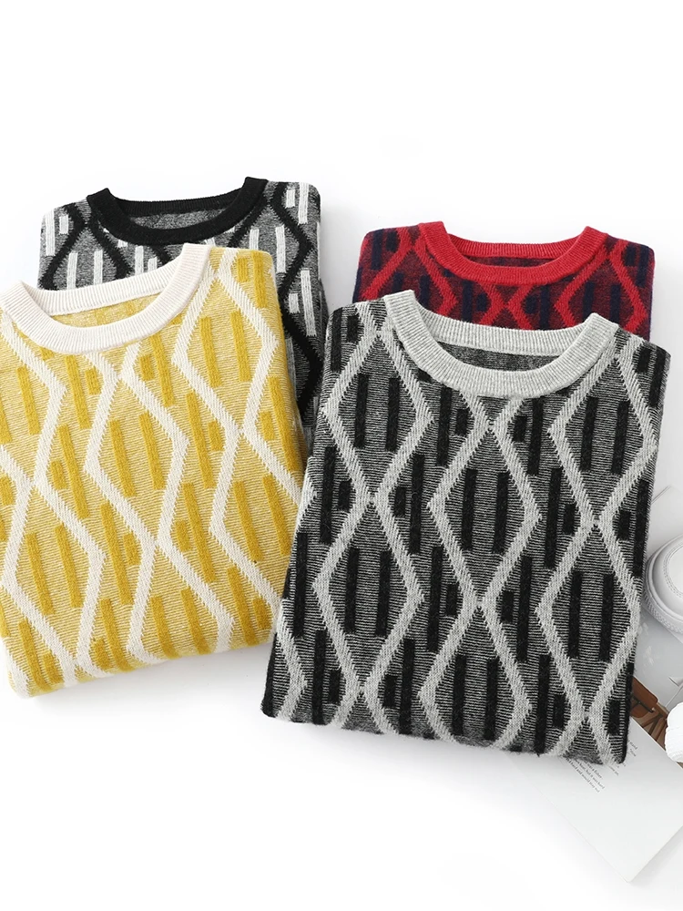 New 100% Merino Wool Pullover For Men O-neck Knit Sweater Diamond patterned Long Sleeves Cashmere Autumn Winter Leisure Clothing