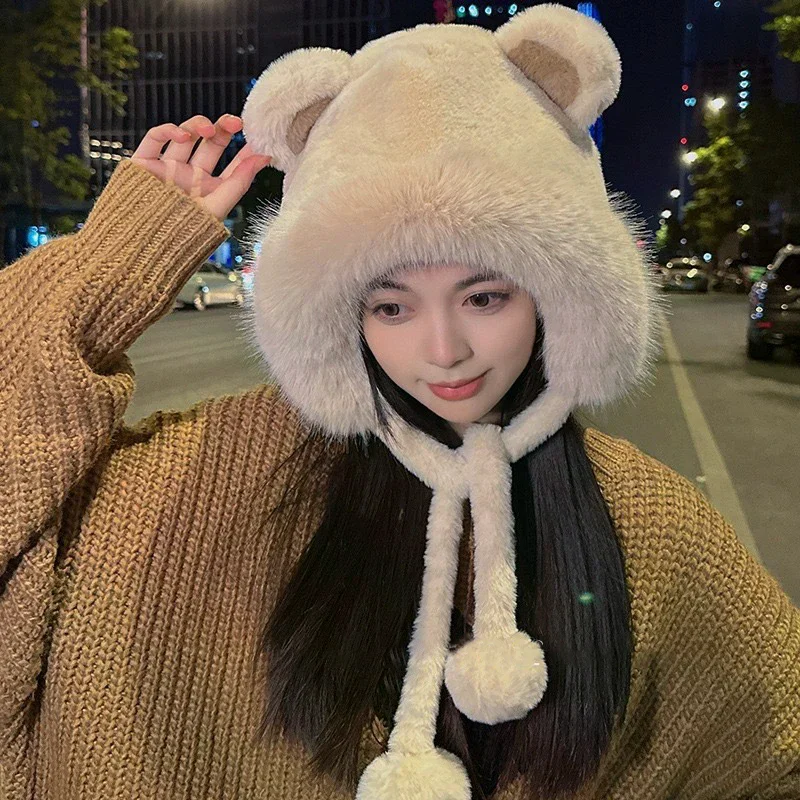 Winter Fluffy Fur Bucket Hat With Bear Ear For Women Plush Ear Protection Fisherman Hat Panama Caps