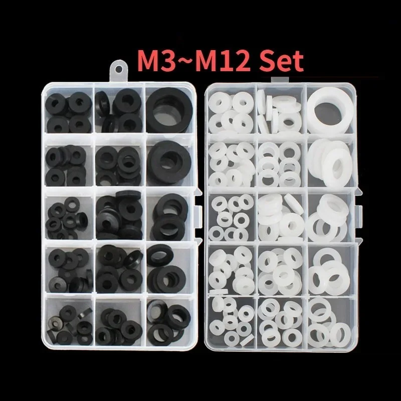 110/130pcs Box Nylon Flat Washer Plastic Plain Spacer Insulation Gasket Ring M3 M4 M5 M6 M8 M10 M12 Assortment Kit Set