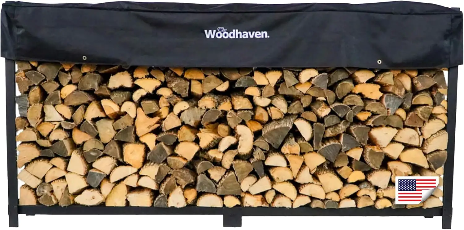 Outdoor Wood Storage, Steel, With Cover, 8 - Foot Raised Firewood Rack for Keeping Wood Dry