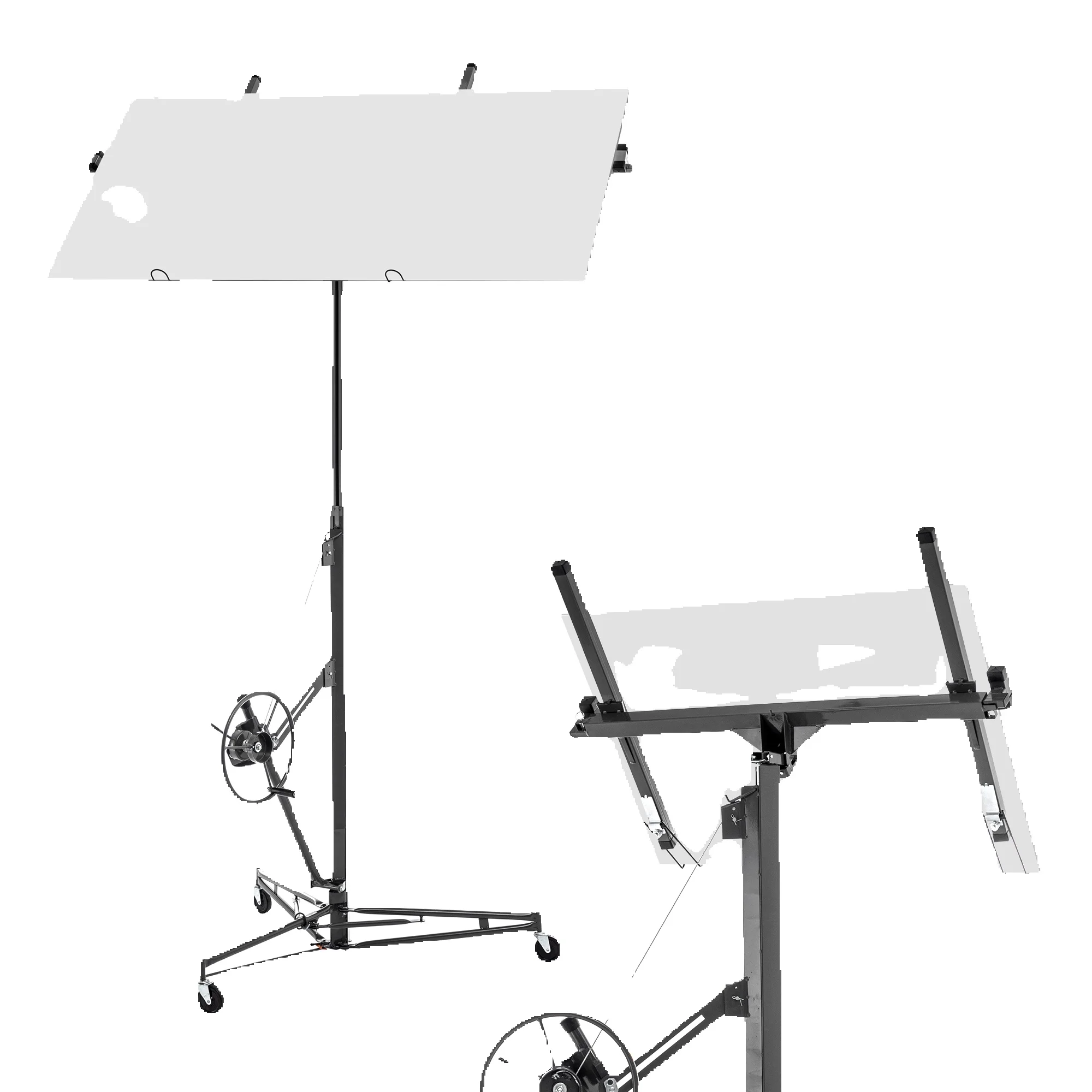 Opvouwbare gipsplaatplaat Jack 68kg, 180-470 cm in hoogte verstelbaar. Montagehulp voor gipsplaten met 3 remwielen, 60 °   kantelbaar, Grijs - afbeelding 2