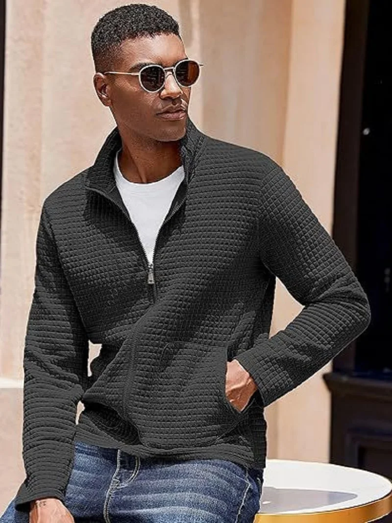 Men's Casual Plaid Jacket, Lapel, Long Sleeve, Zipper Cardigan, Monochromatic, Comfortable, Autumn, Winter, New Style