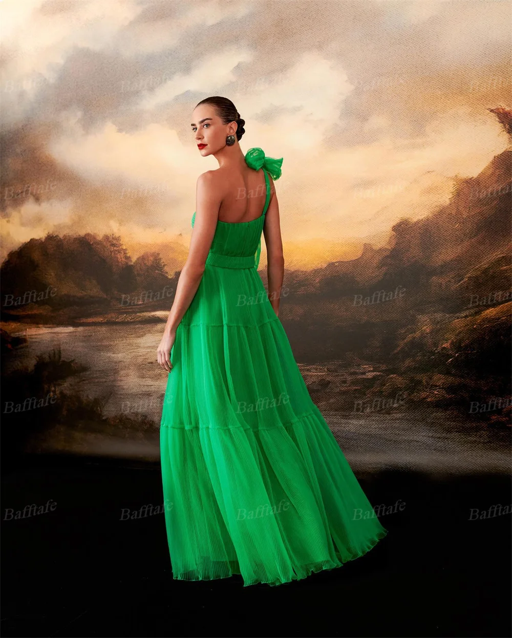 Bafftafe Green A Line Tulle Prom Dresses For Women Flower One Shoulder Tiered Customized Long Formal Evening Gowns Wedding Party