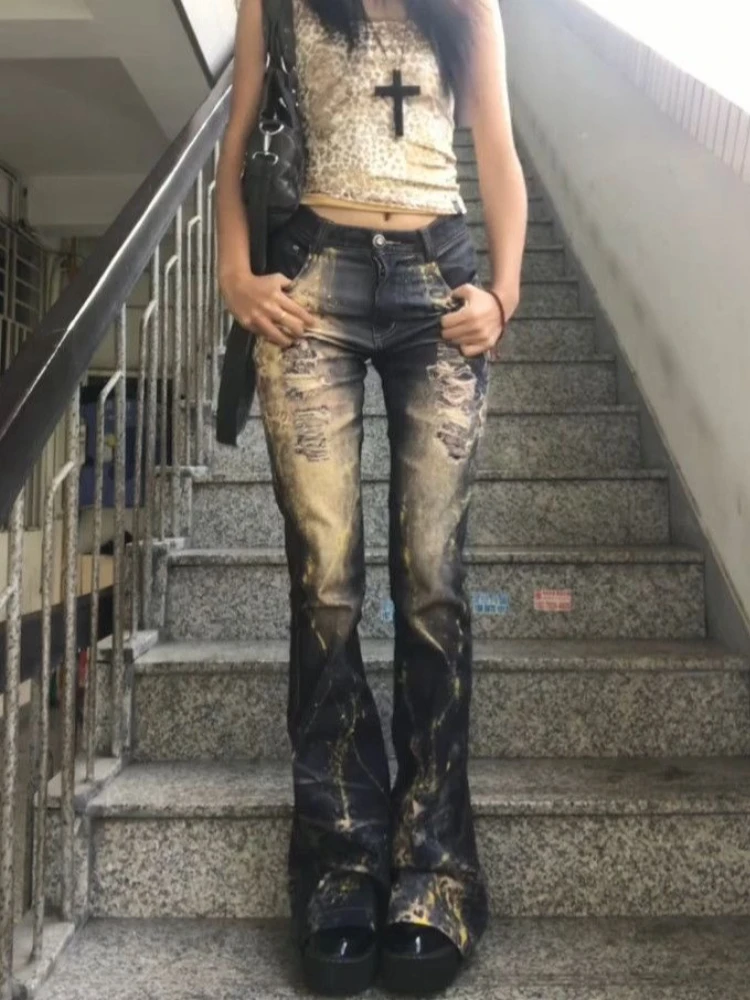 Vintage Y2K Grunge Punk Low Rise Bootcut Streetwear Casual Trousers Gothic Women Wash Flare Jeans 2026 New Arrival Daily Wear