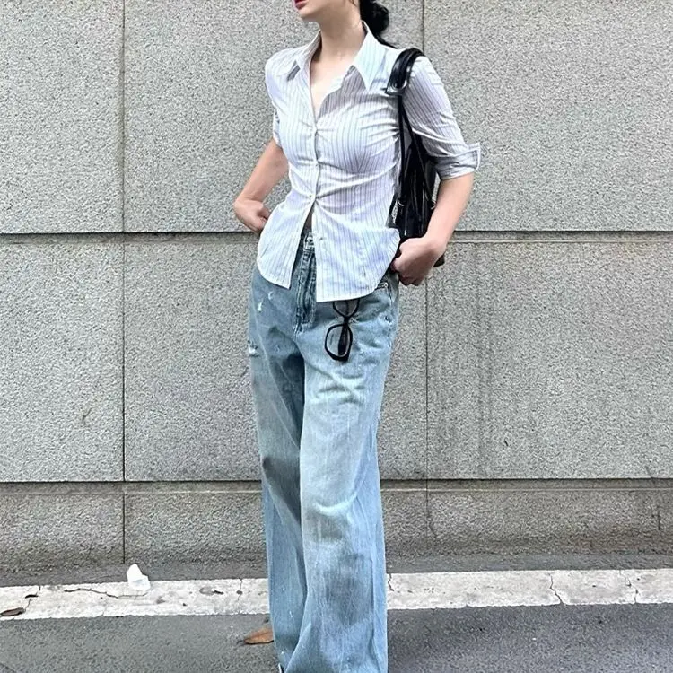 

Onalippa 2025 Pure Desire Design Lapel Shirt Slim Fit Short Cut Waist Cinched Top Women Spicy Girl New Style Temperament