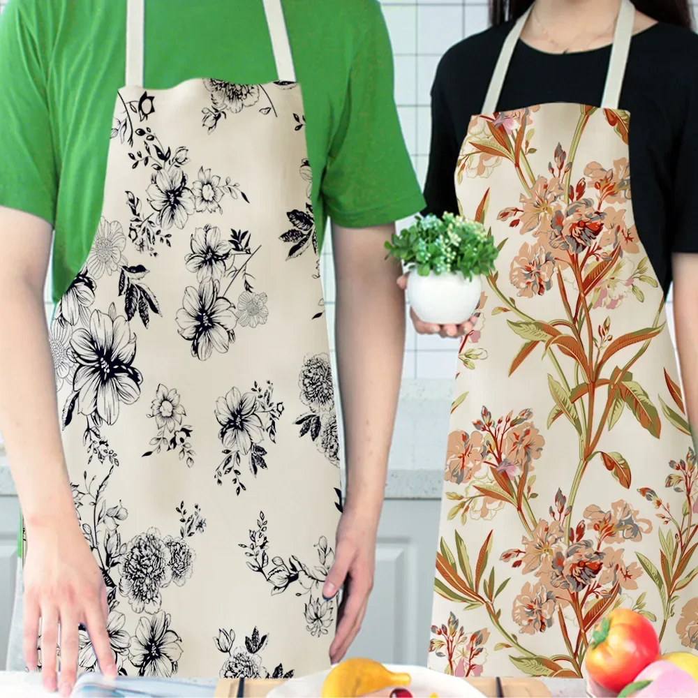 Cotton Linen Flower Lotus Pattern Apron for Home Decorative Kitchen Restaurant Cooking Bib Aprons Delantal Cocina Restaurante