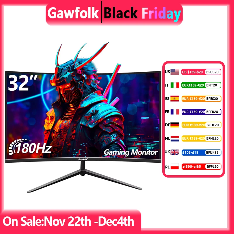 Gawfolk 32 Zoll Gaming Monitor Curved 1800R, 180Hz PC Bildschirm Full HD 1080P, Rahmenloses 1500R Gebogenes Computer Bildschirm