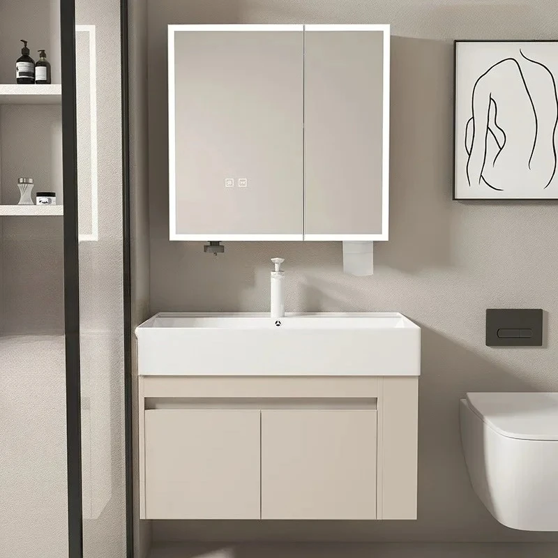 

Aluminum Bathroom Cabinet with Ceramic Integrated Basin Combo, Cream Modern Small Single Bathroom Cabinet Set, Integrated Sink