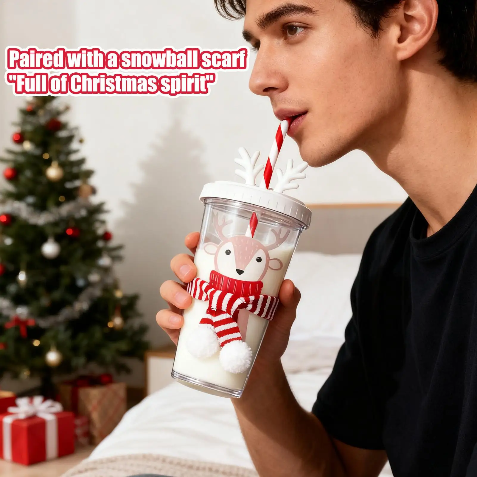 

Рождественская зимняя чашка с соломинкой, 420 мл, герметичная дорожная кружка с милыми оленями, дорожная кофейная кружка с двойными стенками для женщин, мужчин, детей