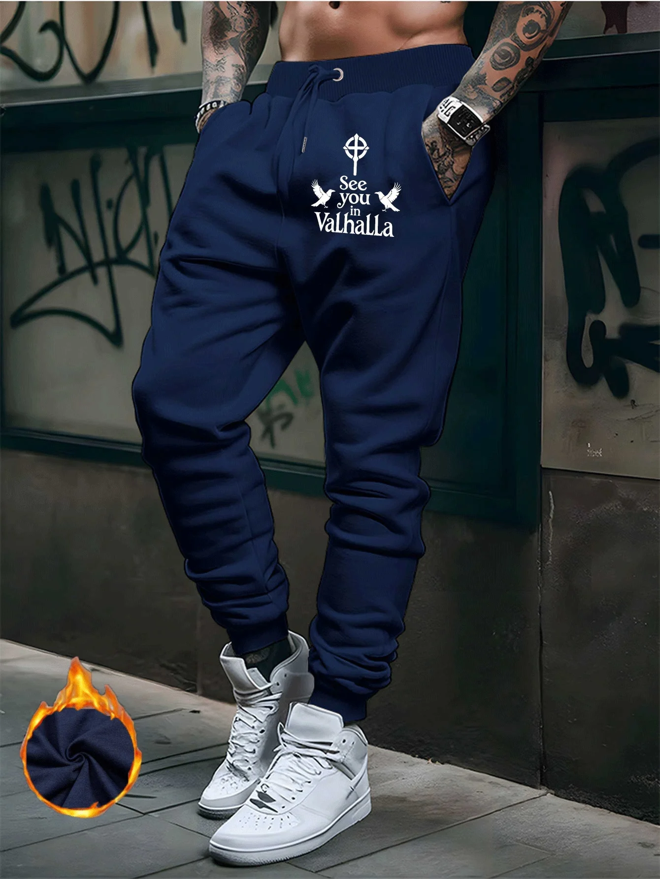 Norse‑culture‑trend valhalla raven emblem art print street‑style dual‑side sweatpants men hip hop sports jogger trousers