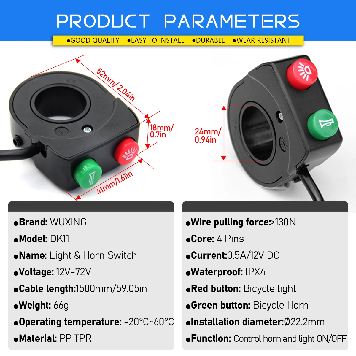 

WUXING DK11 Ebike Scooter Light Switch Adapt to12V/24V/36V/48V/60V/72V for Electric Bicycle Scooter Parts High Performance ﻿