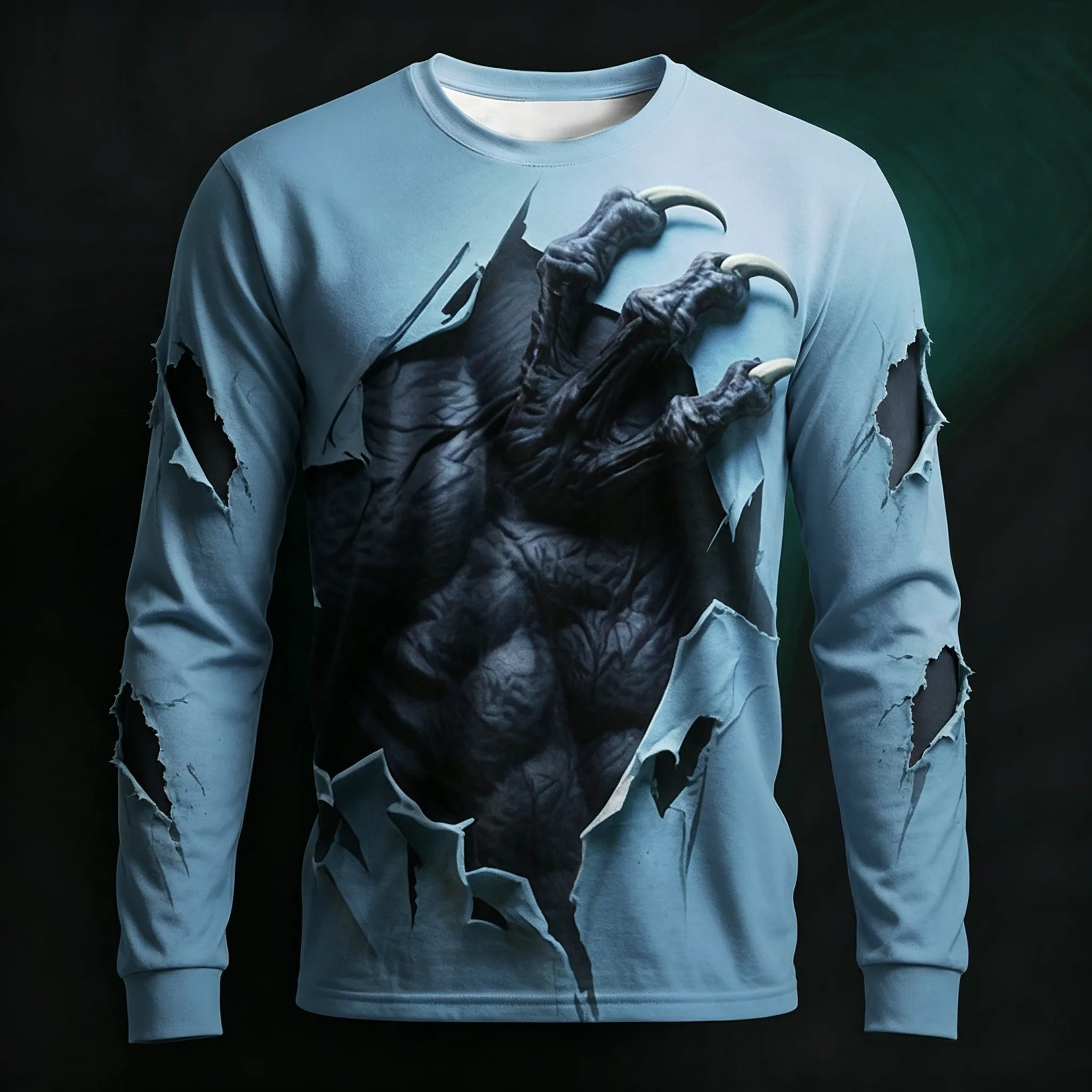 Men's Long Sleeve T-Shirt 3D Monster Claw Ripped Print Crew Neck Horror Casual Street Tops