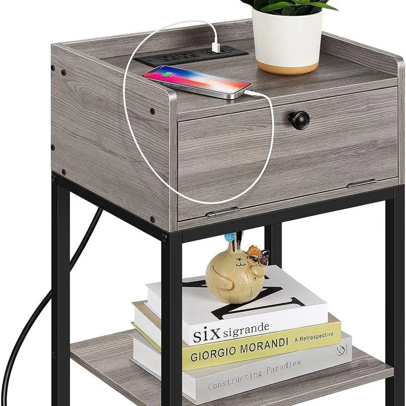 with Charging Station 2 Tier Small Side Table with Storage Drawers Nightstand with USB Port and Outlet For Bedroom Living Room