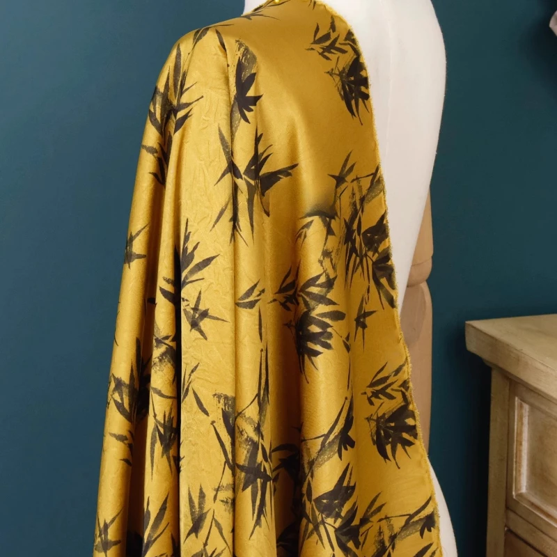 Drape Wrinkle Resistant Faux Acetate Satin Fabric Gold Black Bamboo Print Crinkle Texture Qipao Chinese Style Decor Luxe Textile